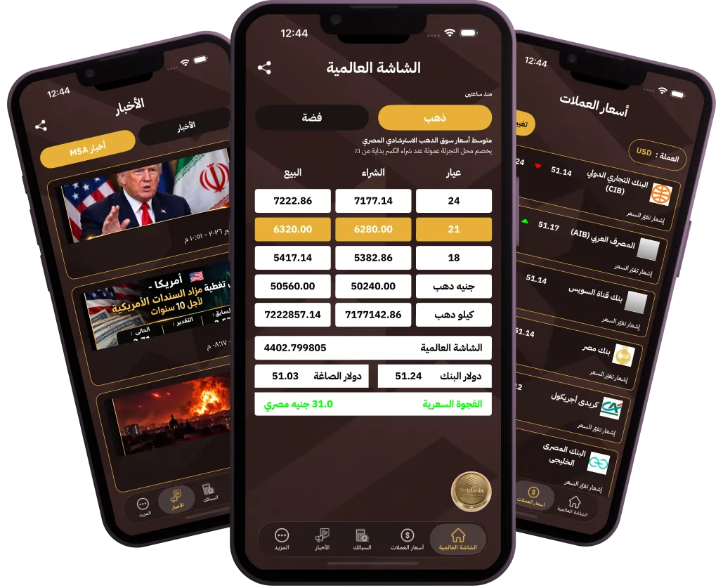 شاشات تطبيق MSA Gold: أسعار الذهب والفضة والأخبار على الموبايل